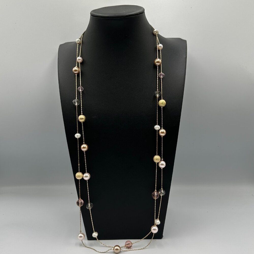 3/$30 RMN Necklace Gold Tone Multi Bead Glass Faux Pearl Crystal Two Strand 36"